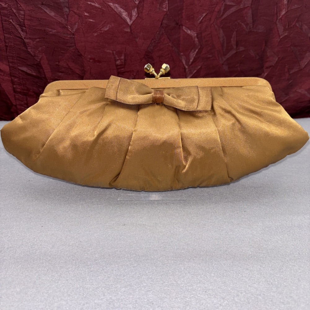 Valerie Stevens Gold Satin Duel Strap Clutch Purse Bow Rhinestone Kiss Lock EUC